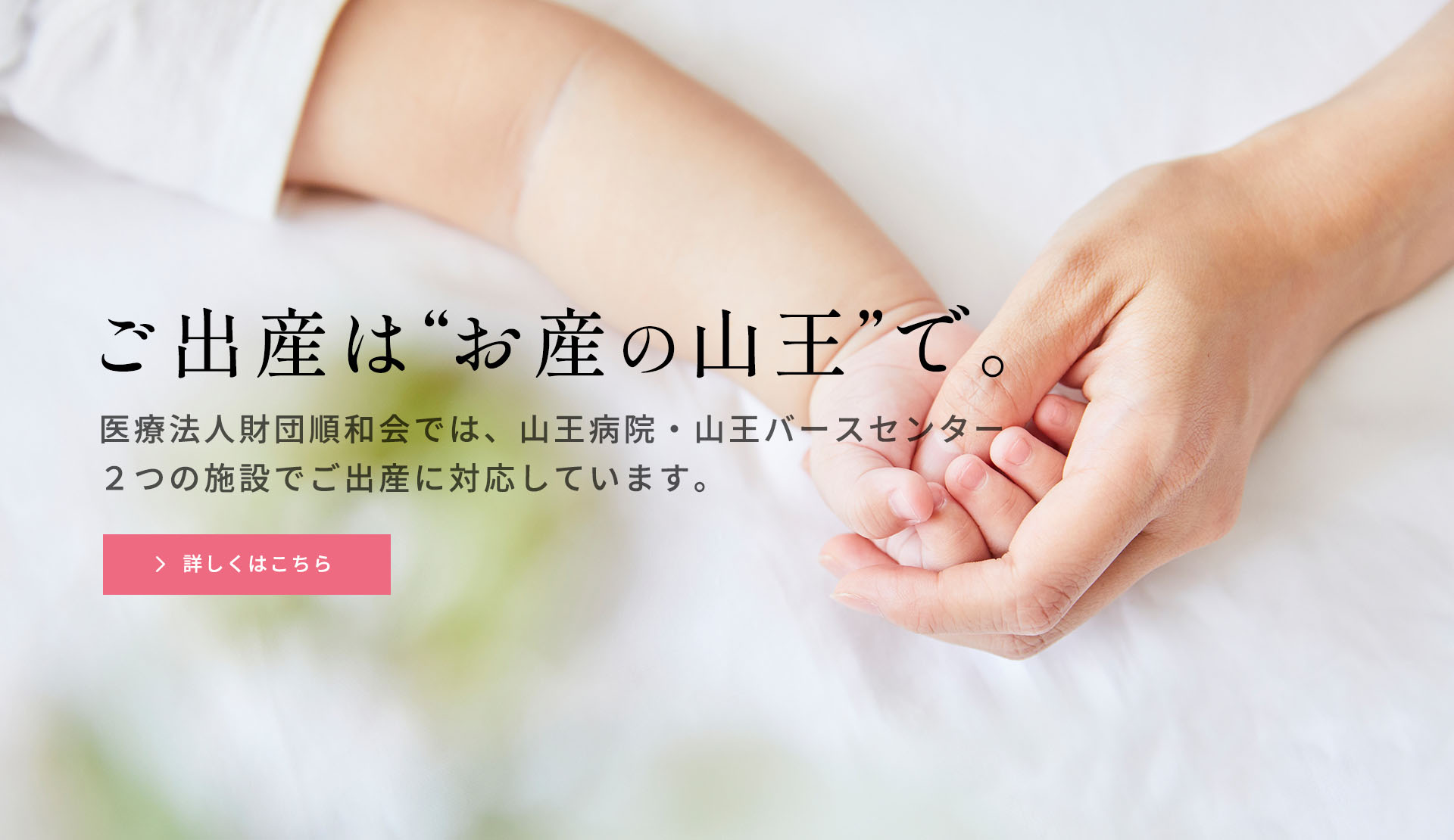 ご出産はお産の山王で。医療法人財団順和会では、山王病院・山王バースセンター 2つの施設でご出産に対応しています。